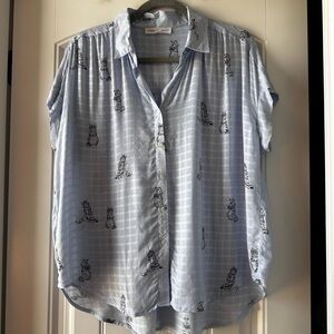 Jane and Delancey Light Blue Cat Print Button-Up Shirt
